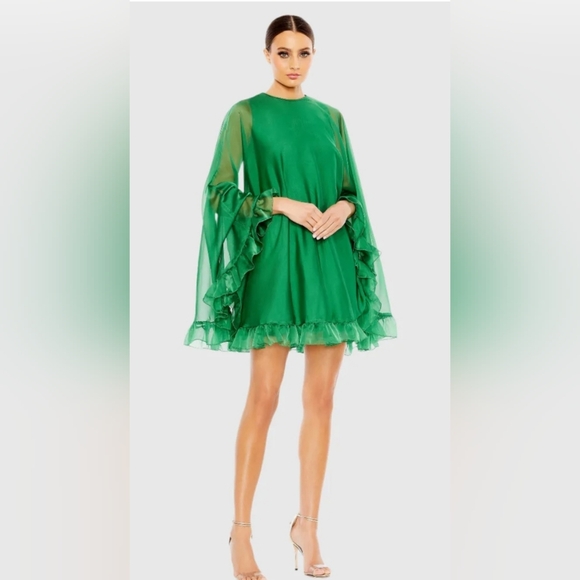 NWT Ieena for Mac Duggal High Neck Ruffle Hem Cape Mini Dress Dark Green SZ 14 - Picture 2 of 9